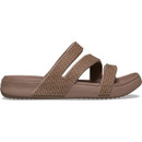 Side profile of latte brown Crocs platform sandals with three studded straps and thick sole.