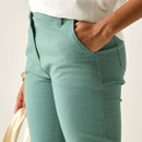 Close-up of green cropped trousers showing waistband, front pocket and stitching detail.