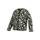 Angled product shot of the cream and black floral quilted jacket, showing the floral pattern and front pockets.