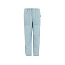 Front product shot of light blue chambray trousers with patch pockets and tapered legs on a white background.