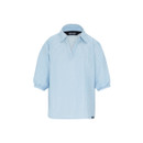 Front view of the light blue pinstripe blouse on a white background, showing the V-neck collar and three-quarter sleeves.