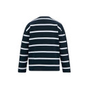 Product-only back view of navy long-sleeve top with white horizontal stripes.