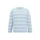 Front view of the light blue long-sleeved top with white horizontal stripes on a plain background.