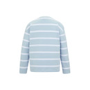 Back view of the light blue long-sleeved top with white horizontal stripes on a plain background.