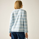 Back view of the model wearing the light blue and white striped long-sleeved top with dark blue jeans.