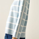 Close-up of the light blue and white striped sleeve showing the stripe detail and cuffs.