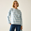 Model wearing a light blue long-sleeved top with white horizontal stripes, paired with dark blue jeans.