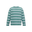 Front view of the green and white striped long-sleeve crew neck top on a plain background.