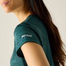 Close-up of the blue short-sleeved T-shirt showing the Regatta logo on the sleeve and the marl fabric texture.