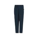 Angled front view of navy trousers on a plain white background.