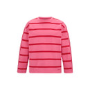 Front view of the pink long-sleeved top with bold red horizontal stripes on a plain background.
