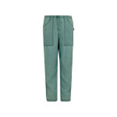 green women’s trousers with tapered legs, front button fastening and large pockets, on a white background.