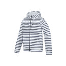 Angled view of a white and navy striped zip-up hoodie showing the hood and front zip.