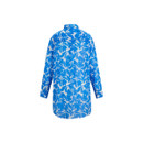 Rear view of a blue and white floral print longline shirt on a white background.