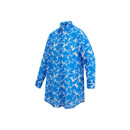 Angled front view of a blue and white floral print longline shirt showing button fastening and collar.