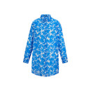 Front view of a blue and white floral print longline shirt on a white background.