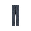 Front view of navy pinstripe trousers on a white background.