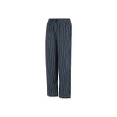 Angled front view of navy pinstripe trousers showing the drawstring waist.