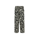 Rear view of black and cream printed trousers on a white background.