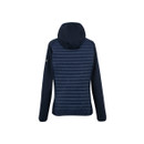 Back view of the navy hybrid padded jacket on a white background, showing the hood and quilted back panel.