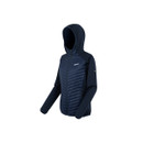 Angled front view of the navy hybrid padded jacket highlighting the hood, quilted panels and zip pockets.