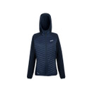 Front view of the navy hybrid padded jacket with hood on a white background.