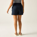 Back view of navy women’s shorts worn with sandals, showing the relaxed fit.
