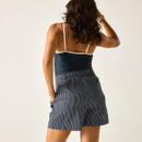 Back view of navy and white pinstripe shorts worn with a navy swimsuit top.