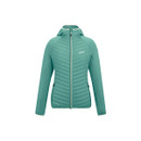 Front view of the green hooded insulated jacket laid flat, showing full zip and quilted panels.