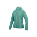 Angled front view of the green hooded insulated jacket highlighting the fitted silhouette and sleeve construction.