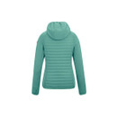 Rear view of the green hooded insulated jacket laid flat, showing quilted back panel and hood.