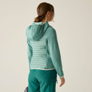 Rear view of the green hooded insulated jacket showing the fitted shape and hood.