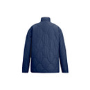 Navy quilted jacket, back view, showing the circular quilt stitching and straight hem.