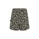 Back view of black and cream floral shorts on a plain background.