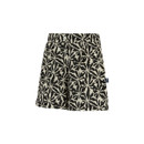 Side view of black and cream floral shorts on a plain background.