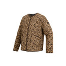 Angled front view of the tan leopard-print quilted jacket on a white background, showing the pockets and piped edges.