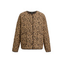 Front view of the tan leopard-print quilted jacket laid flat on a white background.