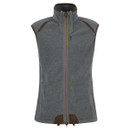 Grey sleeveless fleece vest with brown accents and a high collar. The vest features a front zip and drawstring at the hem, offering a functional and cosy look.
