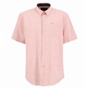 Pink short-sleeve button-up shirt with a subtle checkered pattern. Features include a front pocket and button-down collar, conveying a casual, classic look.