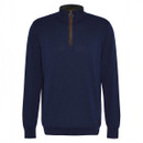Dark blue quarter-zip jumper with a high collar and a brown zip, exuding a classic, cosy look. Set against a plain white background.