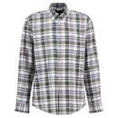A long-sleeve, button-down shirt with a plaid pattern in green, navy, and white. The design is casual and classic, conveying a relaxed tone.