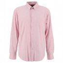 Pink and white checkered long-sleeve button-up shirt with a classic collar. The shirt has a front pocket and exudes a casual, stylish tone.