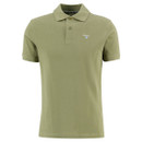 Olive green polo shirt with short sleeves, a collar, and two buttons, featuring a small logo on the left chest. The tone is casual and classic.