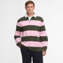 Man wearing a long-sleeved rugby shirt with wide pink and green horizontal stripes, white collar, and black pants, standing against a white background.