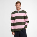 Man wearing a pink and green striped rugby shirt with a white collar, standing with a neutral expression. Background is plain white, creating a clean, casual look.