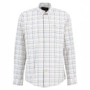 White button-up shirt with a classic check pattern featuring green, blue, and pink lines. It has a pointed collar and long sleeves, exuding a formal, crisp style.
