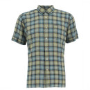 A short-sleeved, button-up shirt with a blue, green, and beige plaid pattern. It has a single chest pocket and a neatly folded collar.