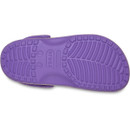 Outsole view of purple glitter Crocs Classic Clog displaying tread pattern and Crocs branding.