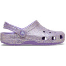 Side profile of purple glitter Crocs Classic Clog highlighting glitter finish and adjustable heel strap.