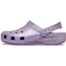 Opposite side view of purple glitter Crocs Classic Clog with Crocs logo button on the strap.